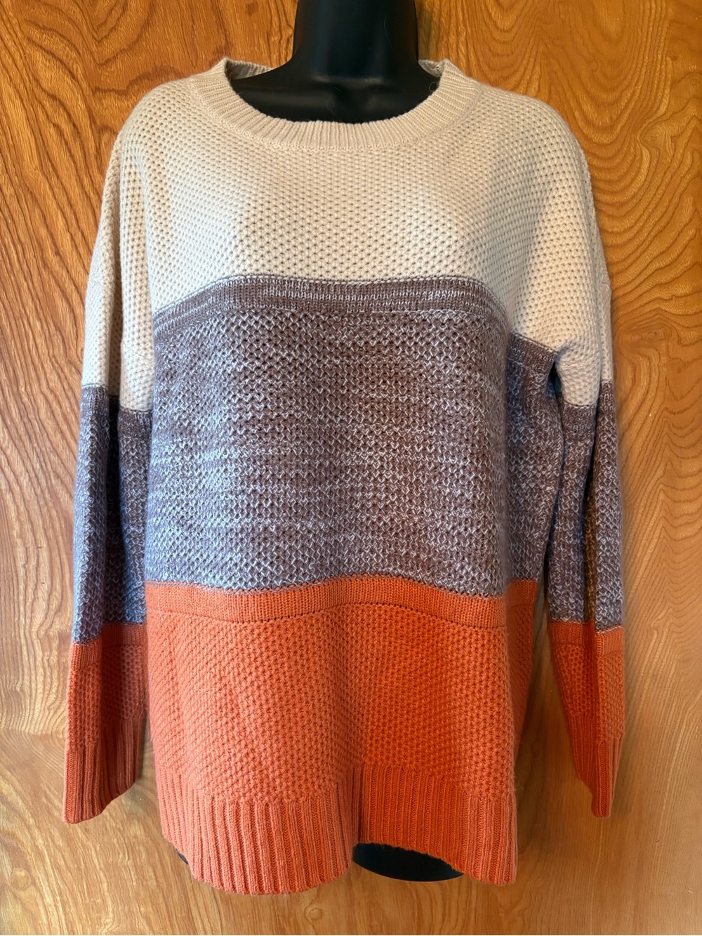 Cozy Colorblock Knit Sweater - Cream, Brown-Gray & Orange